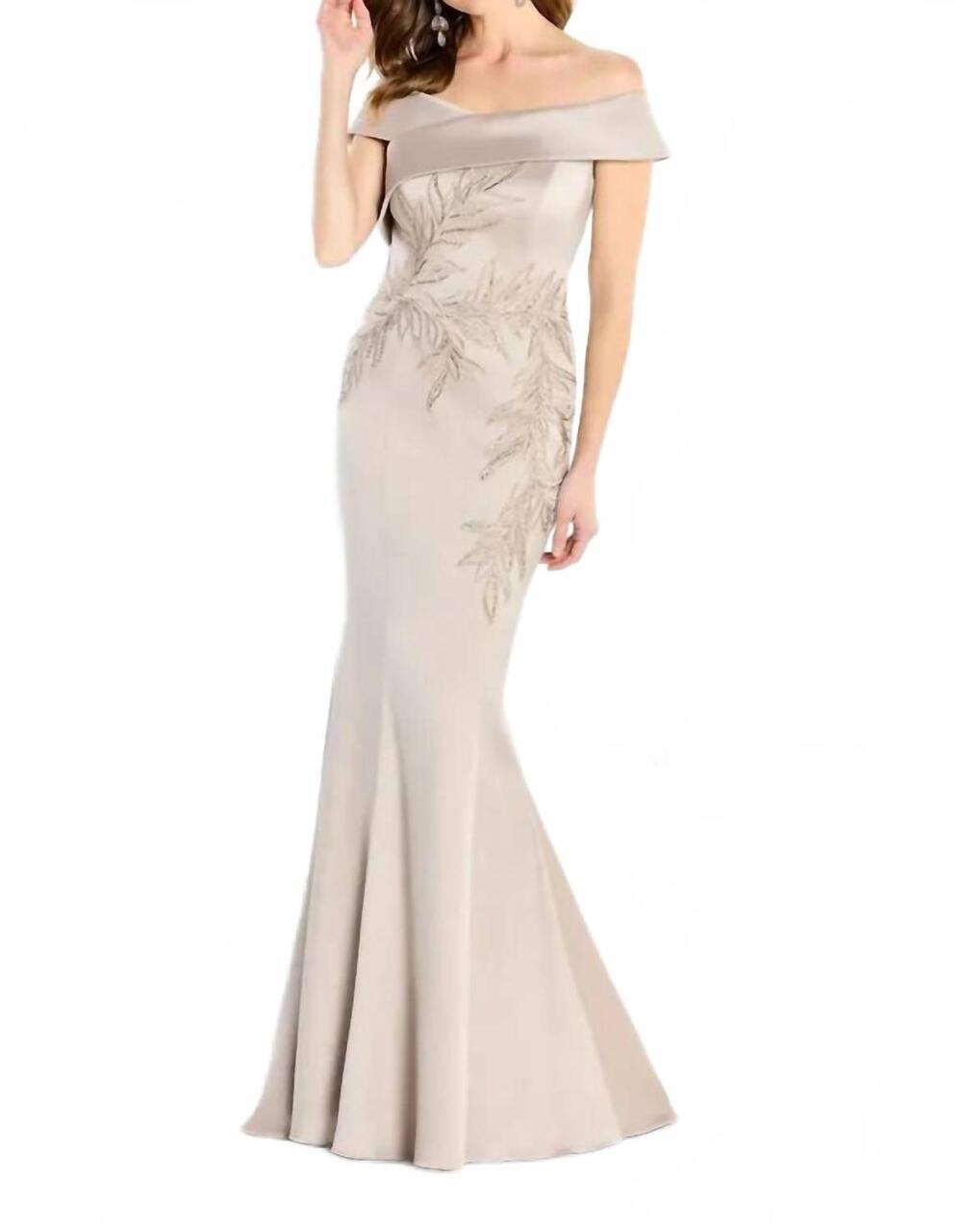 NEW MONTAGE BY MON CHERI long floral fit formal evening dress in taupe